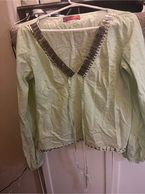 Light Green Embellished V-Neck Women's Top